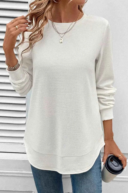 Rounded Neck Waffle Long Sleeve Top