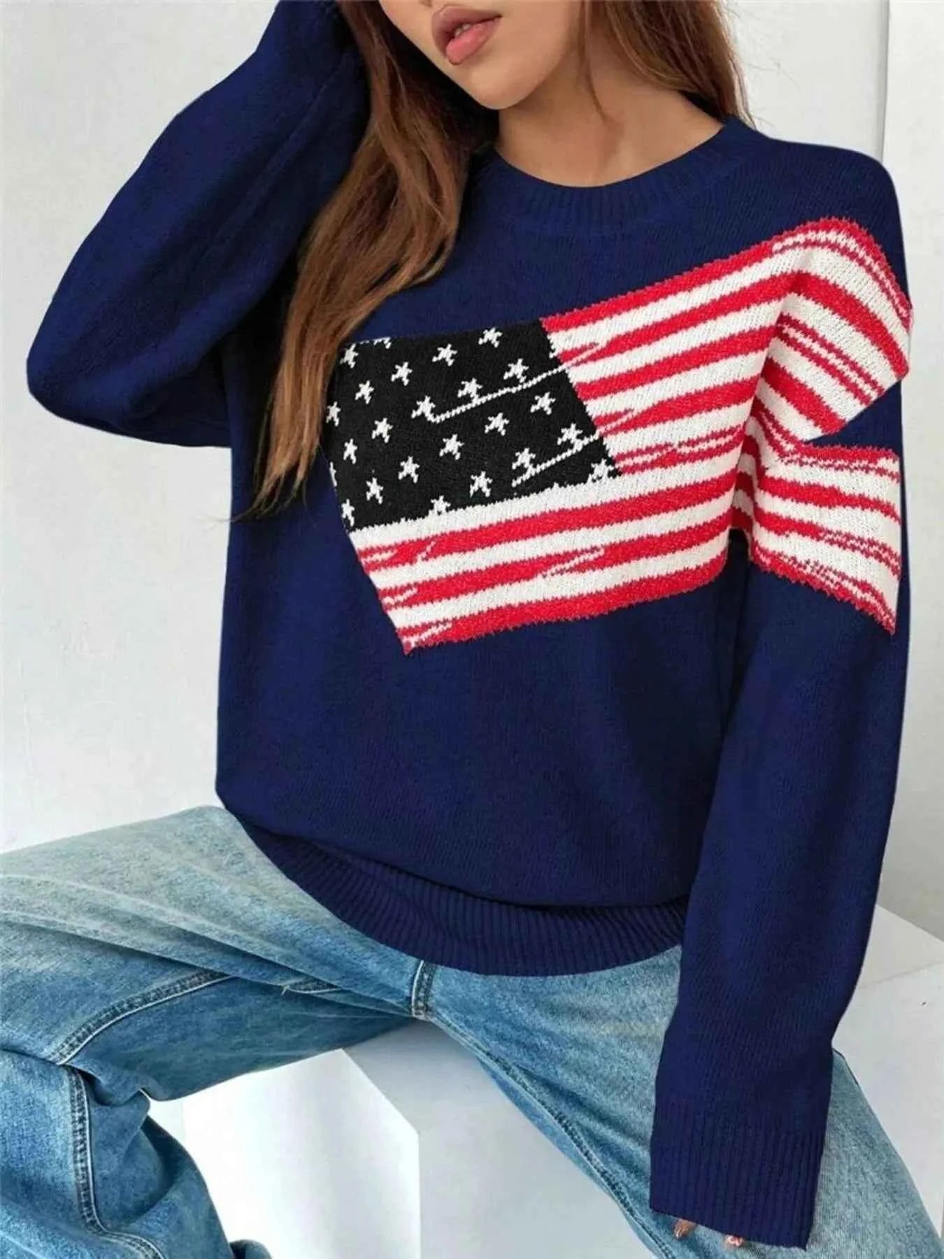 US Flag Round Neck Long Sleeve Sweater