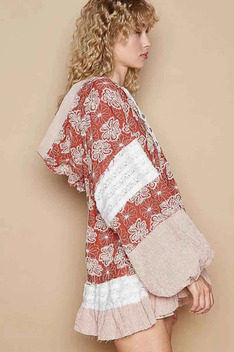 POL Ruffled Hem Floral Pattern Balloon Sleeve Hoodie