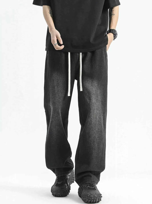 Men's Full Size Washed Wide Leg Drawstring Jeans Plus Size