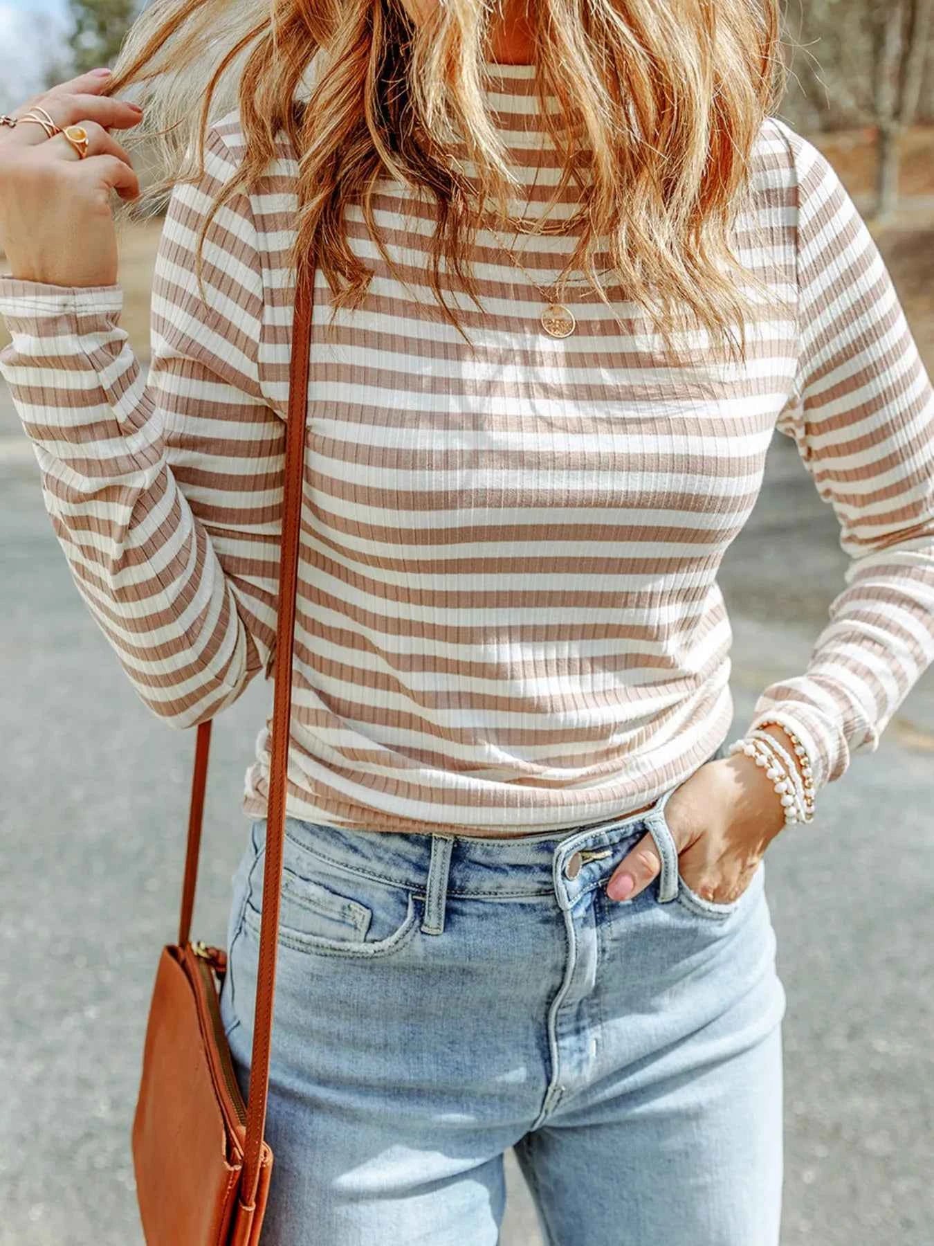 Striped Textured Knit Long Sleeve Tee