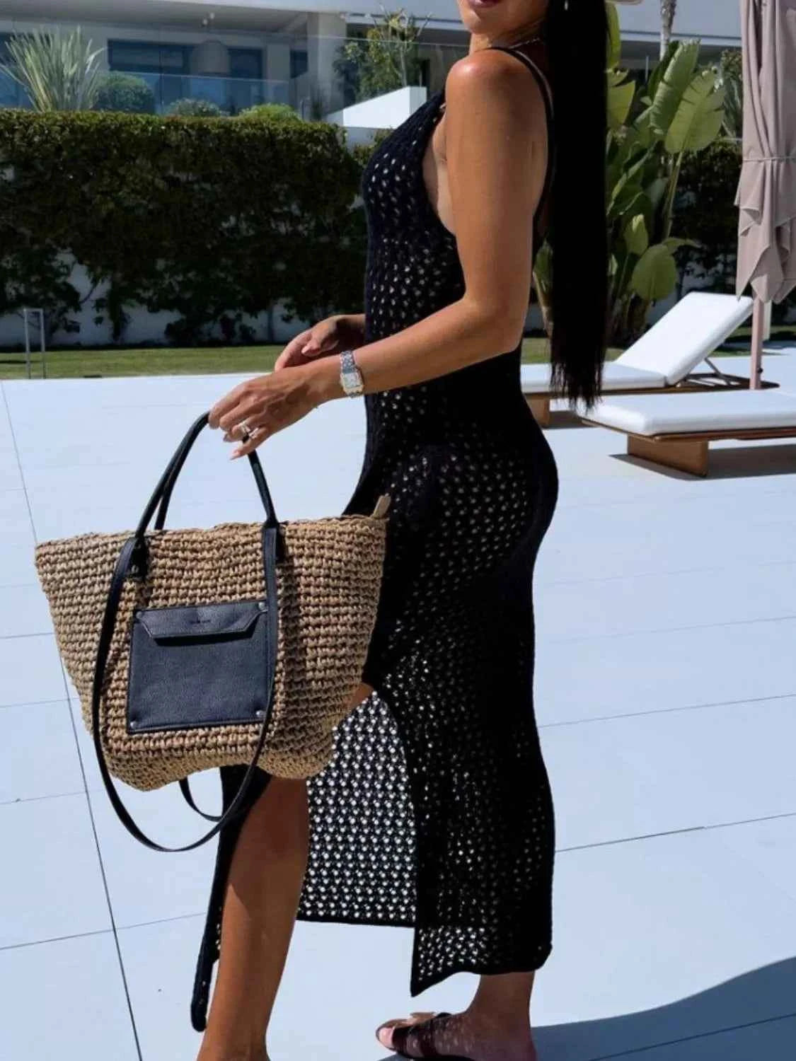 Openwork Slit Scoop Neck Sweater Dress