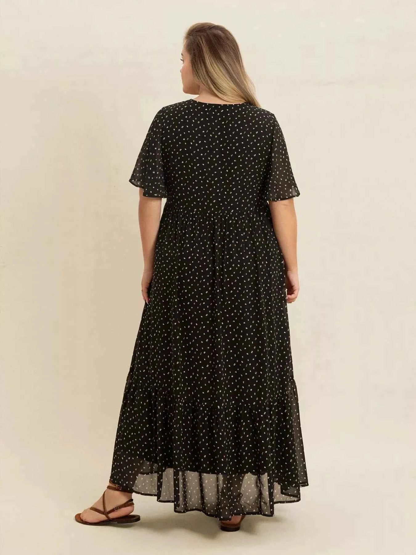 Plus Size Printed V-Neck Flutter Sleeve Maxi Dress