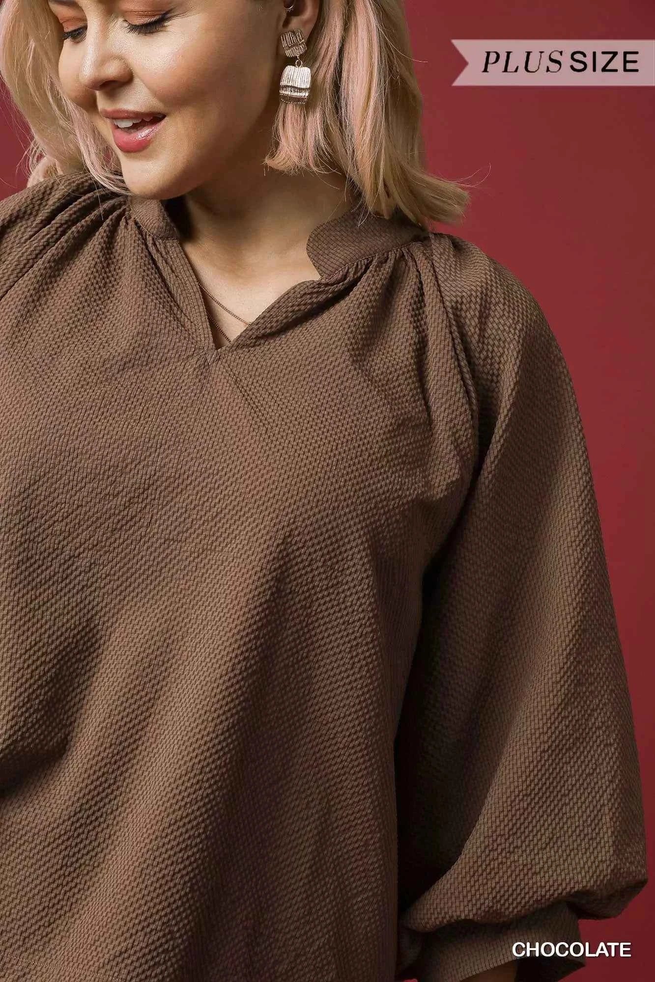 Umgee Full Size Textured Notched Balloon Sleeve Blouse Plus Size