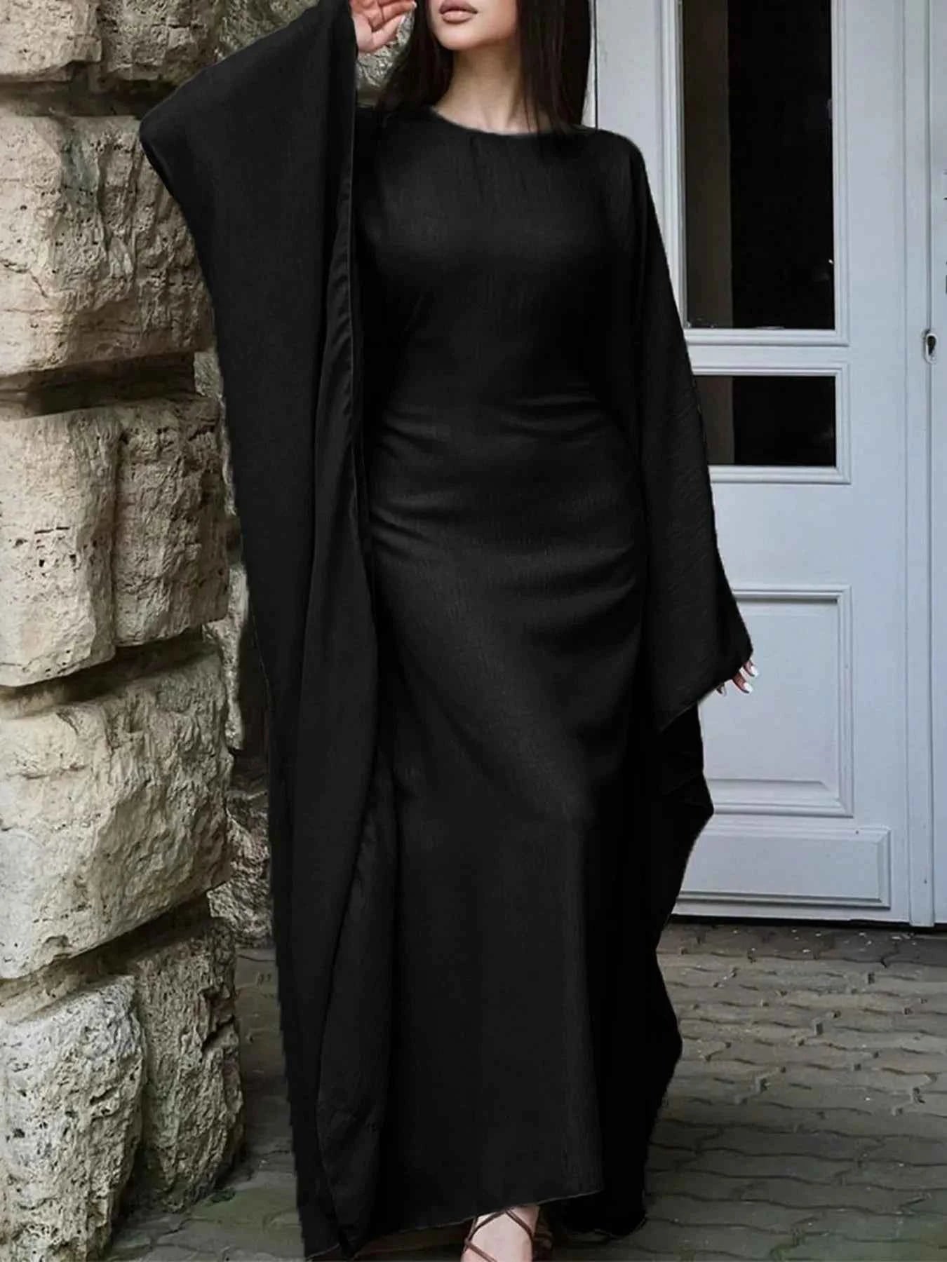 Round Neck Maxi Dress with Flowing Cape Sleeves