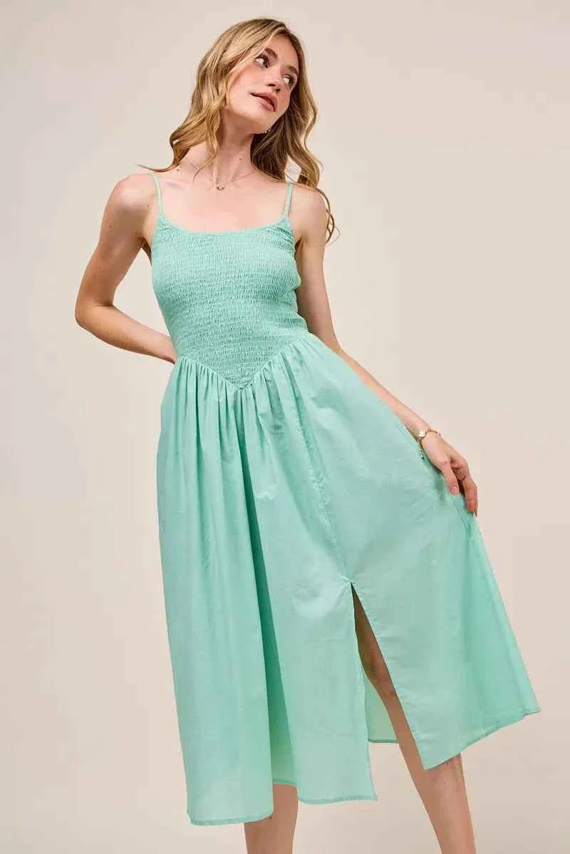 SO ME Smocked Sleeveless Casual Everyday Dress With Slit