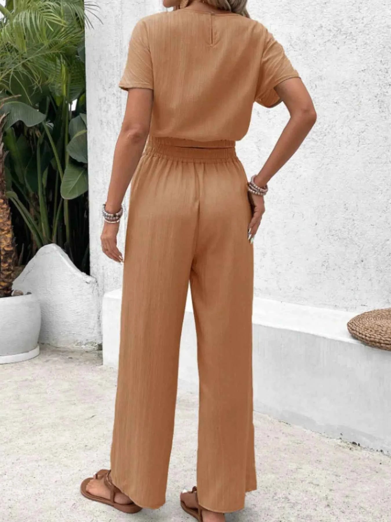 Round Neck Short Sleeve Top and Pants Set
