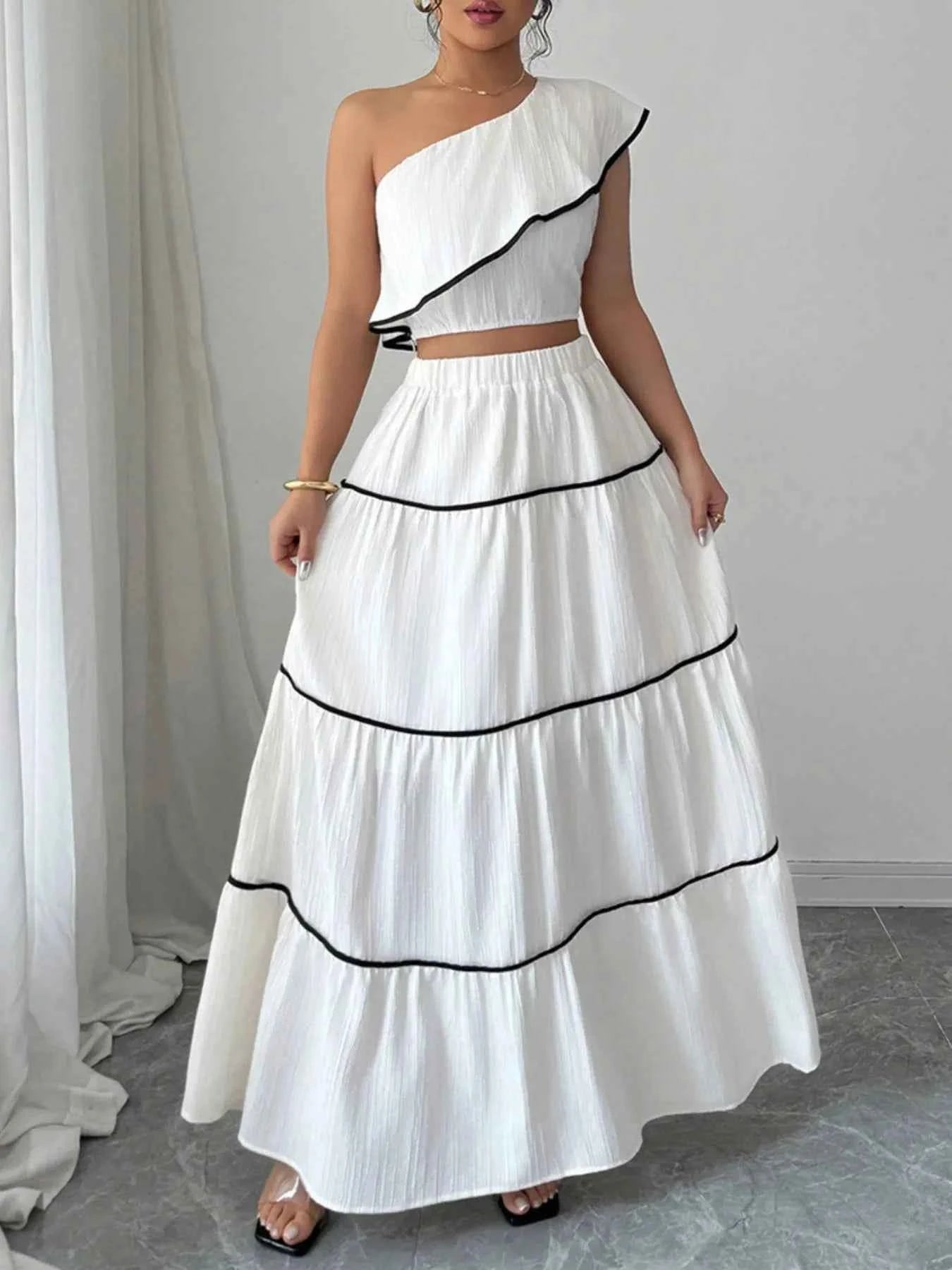 One-Shoulder Ruffle Top and Skirt Two-Piece Set