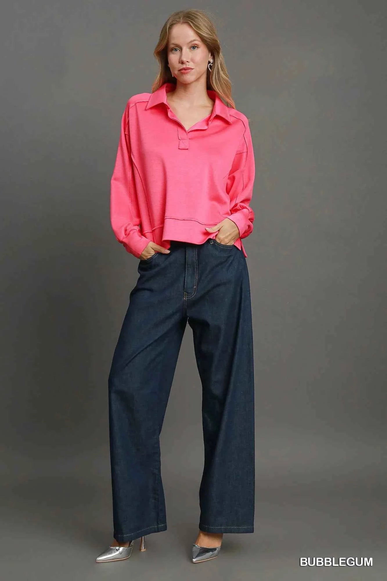 Umgee Exposed Seam Long Sleeve Polo Top with Side Slit