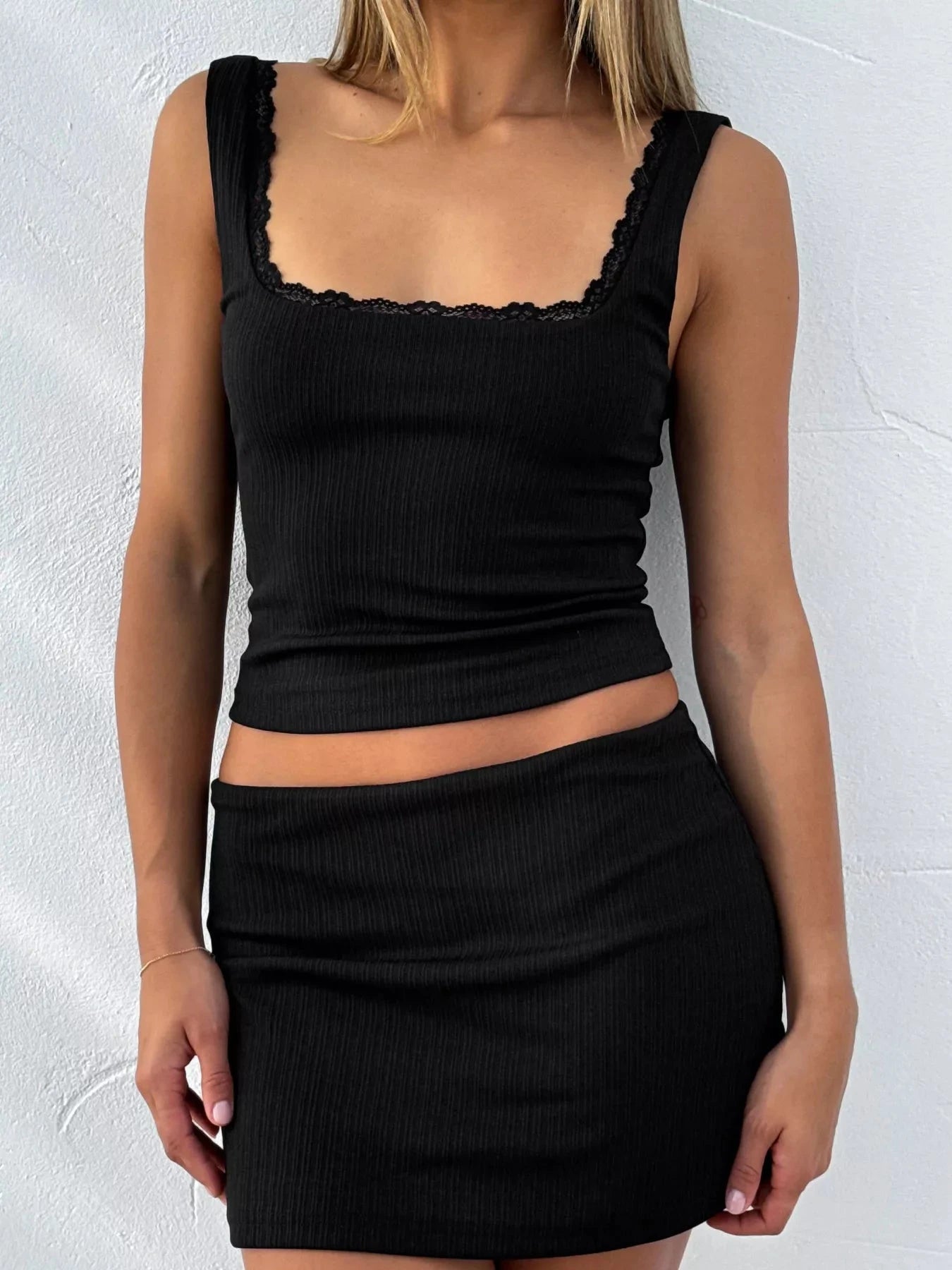 Lace Detail Square Neck Tank and Skirt Set