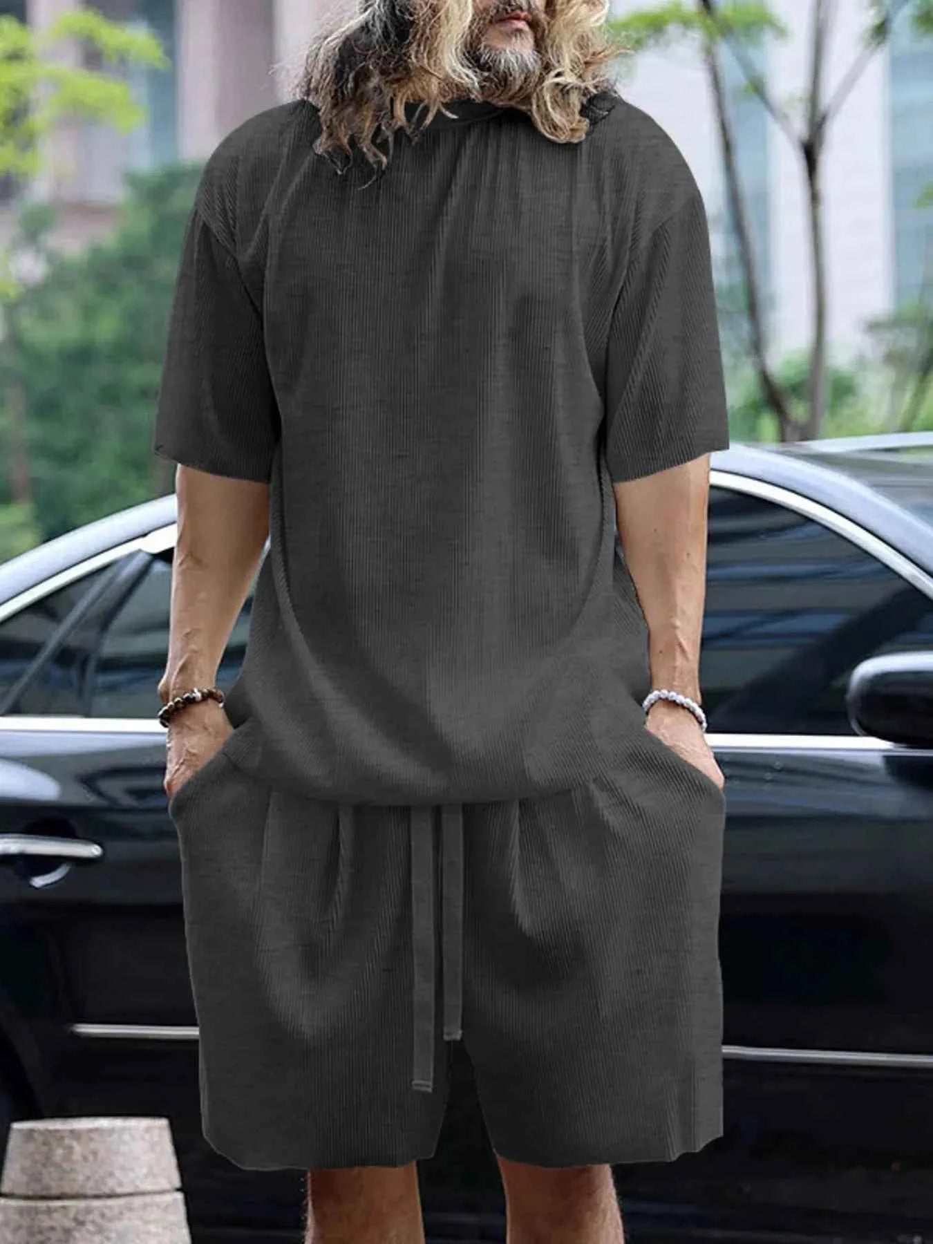 Men's Full Size Round Neck Short Sleeve Top and Shorts Set Plus Size