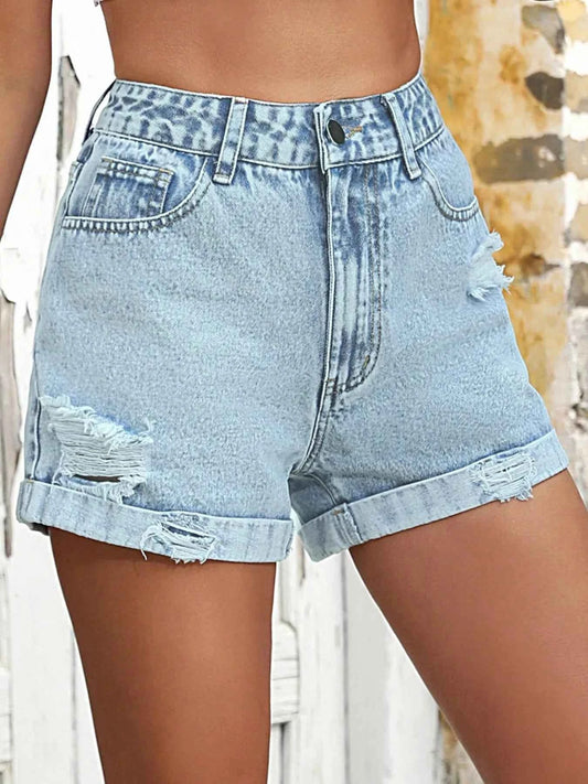 High-Waisted Distressed Denim Shorts