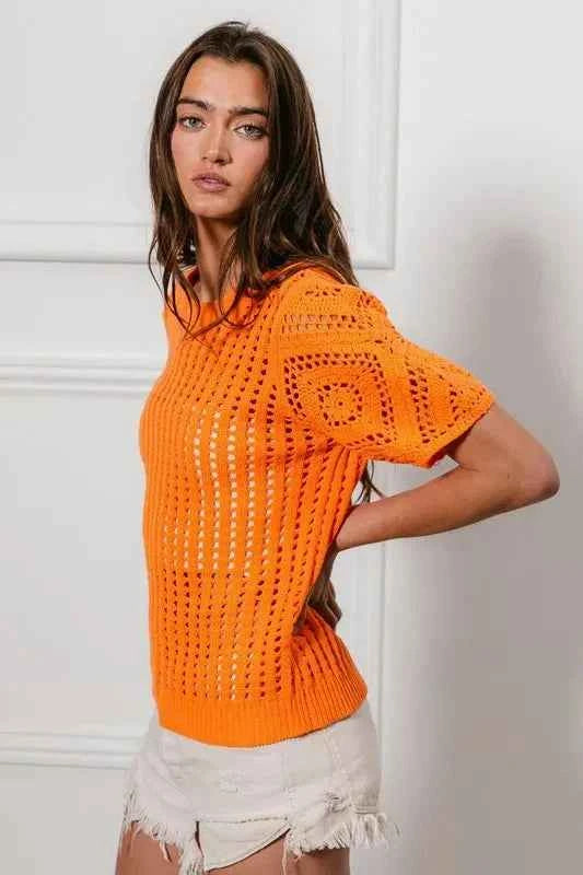 BiBi Crochet Knit Cover Up With Puff Sleeves