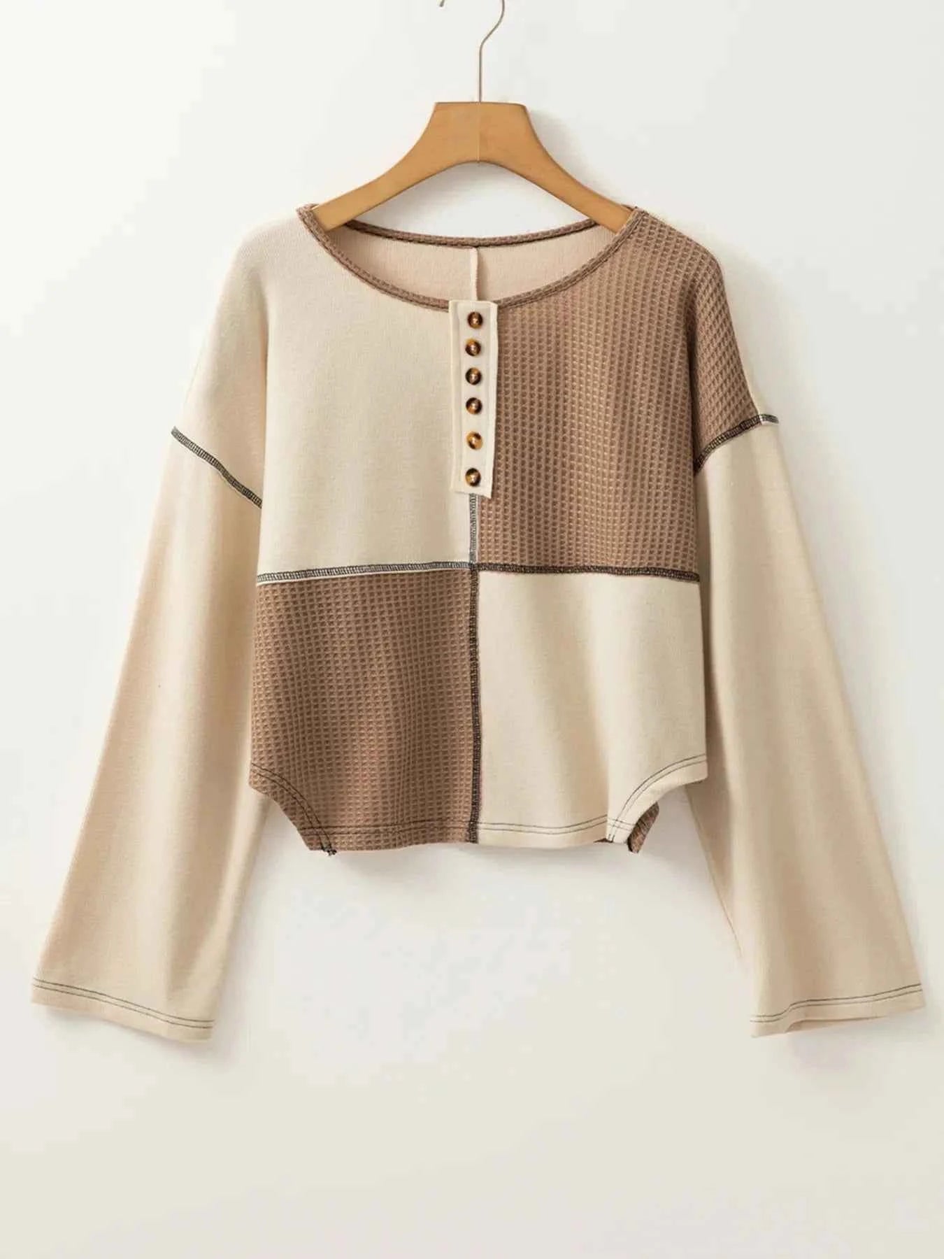Color Block Waffle Knit Stitch Detail Long Sleeve Top