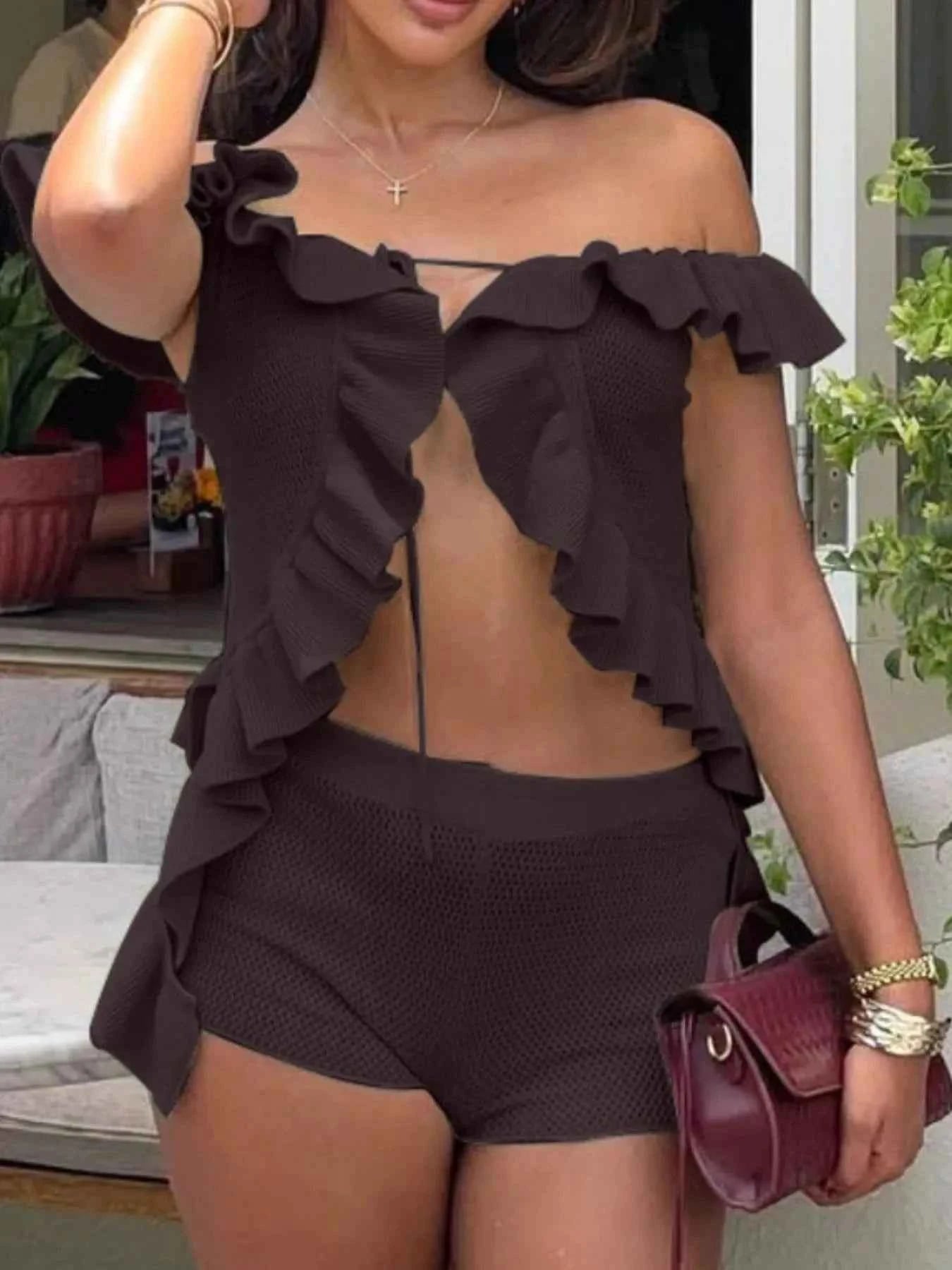 Off-Shoulder Ruffle Top and Shorts Sweater Set
