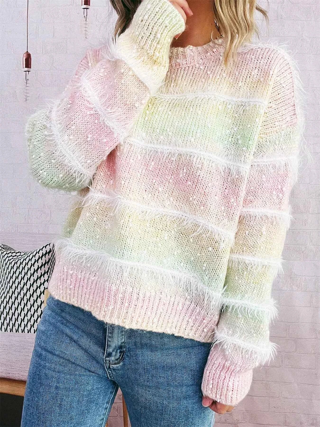Gradient Striped Round Neck Sweater
