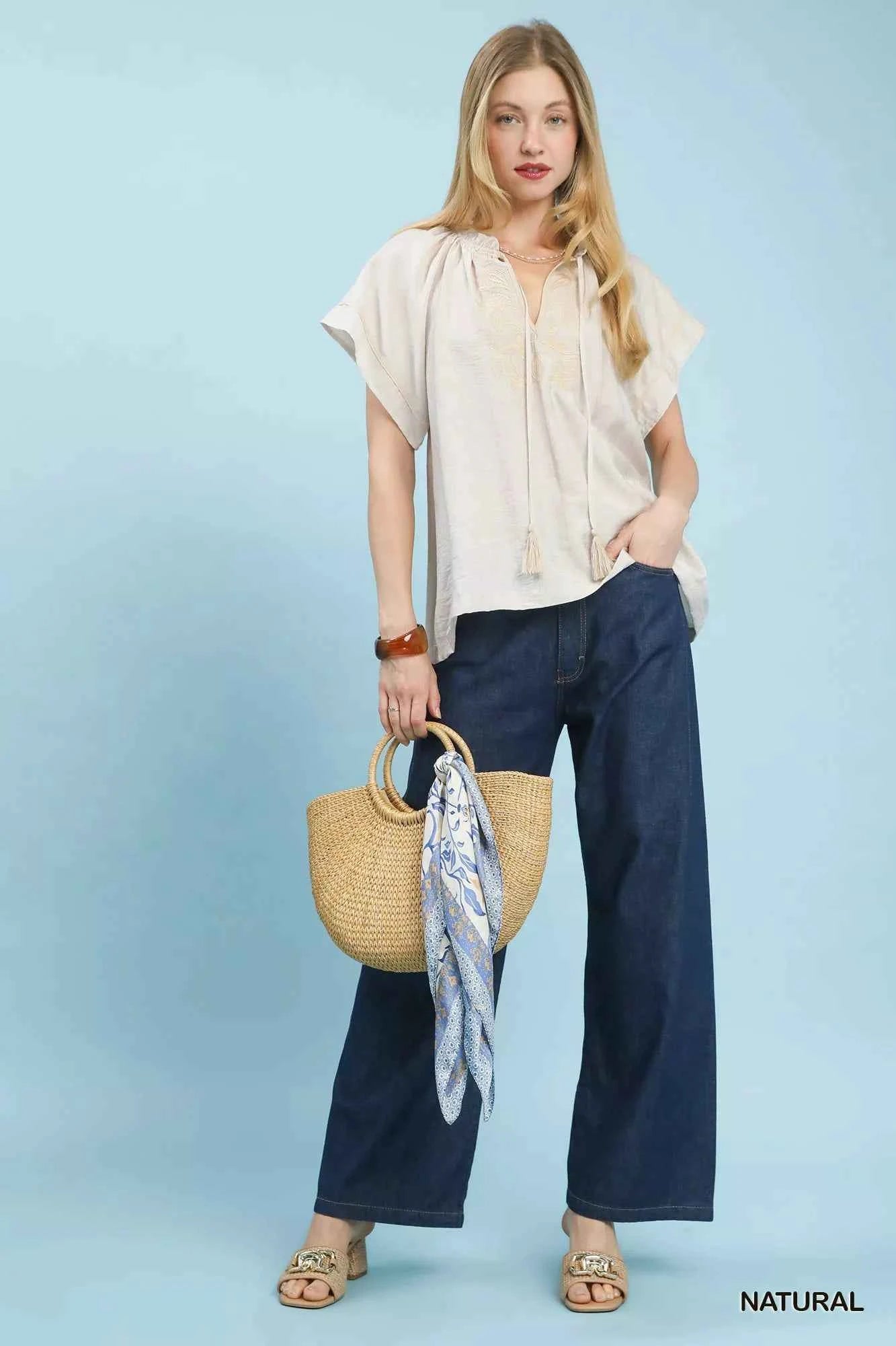 Umgee Embroidered Boho Blouse with Tassel Tie