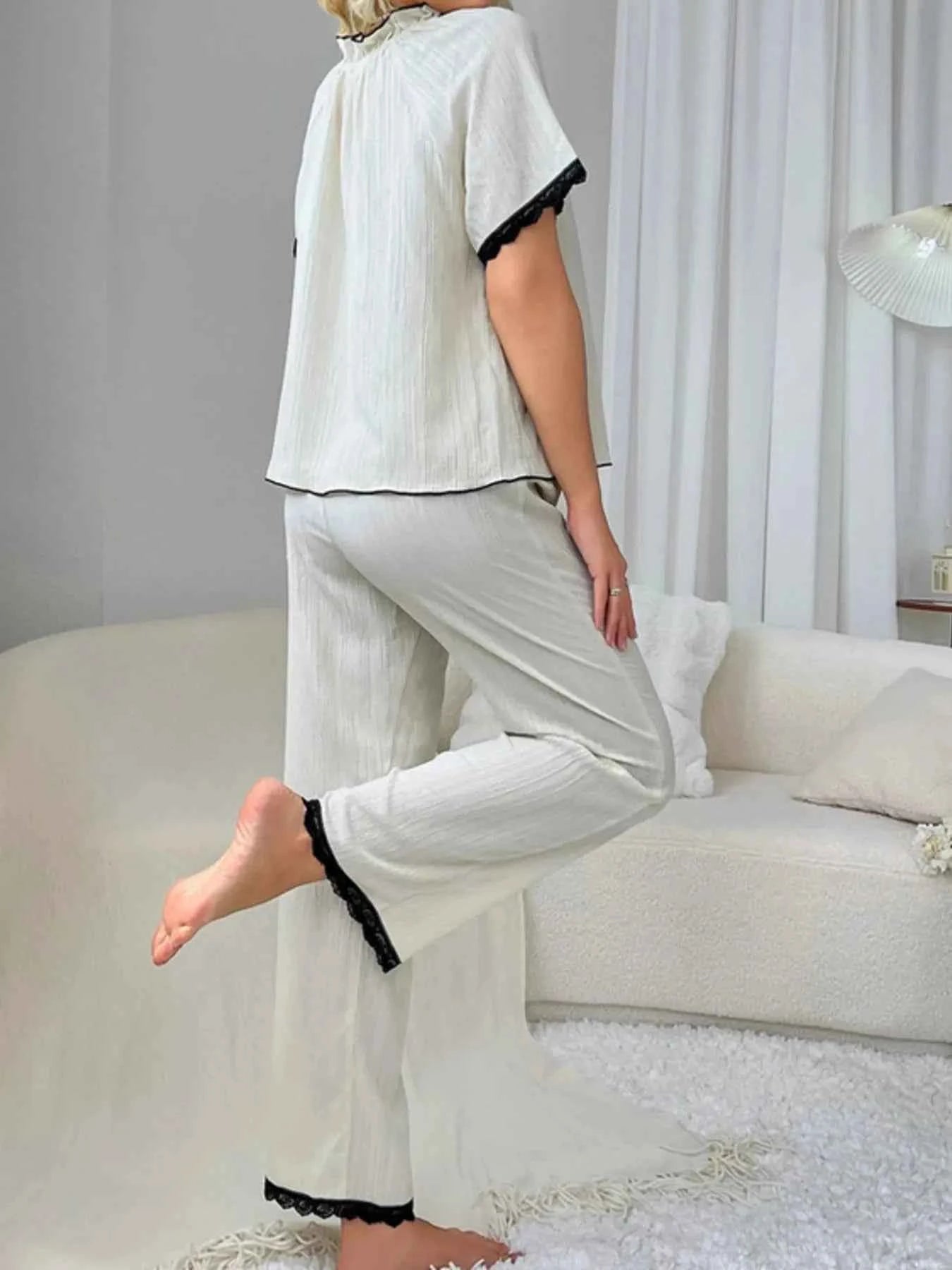 Contrast Trim Short Sleeve Top and Pants Set