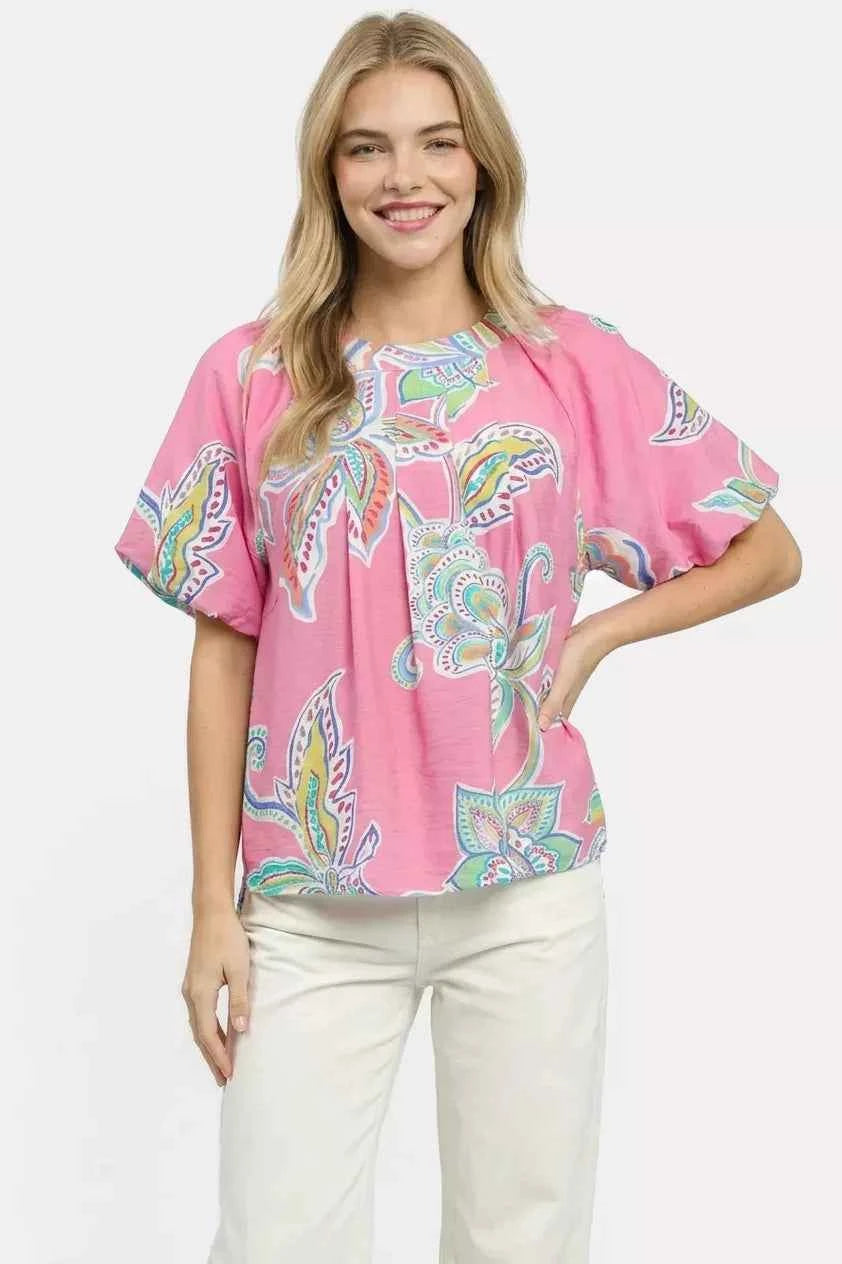 Umgee Paisley Print Puff Sleeve Top