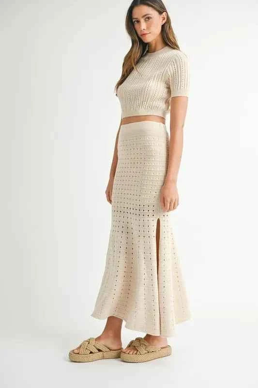 MABLE Pointelle Short Sleeve Crop Top and Slit Skirt Sweater Set