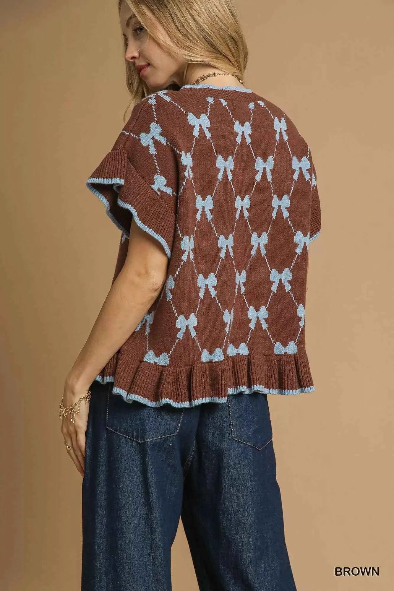 Umgee Bow Knit Ruffle Sleeve Sweater