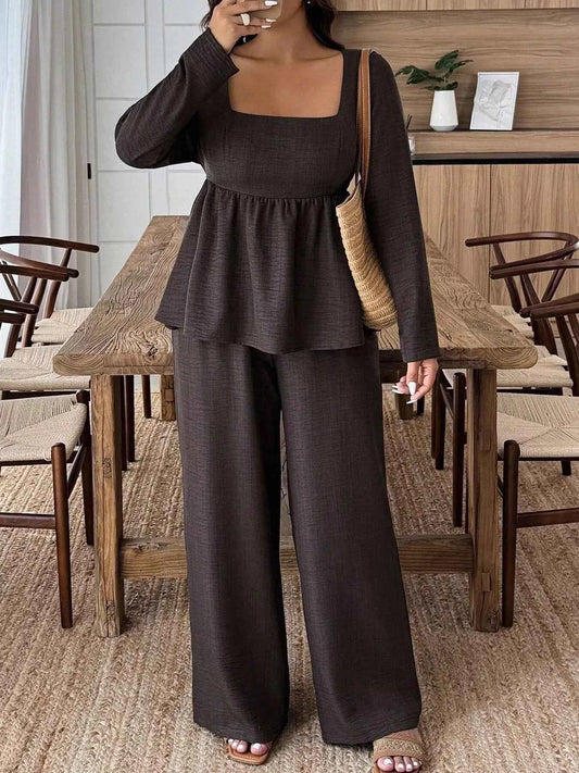 Plus Size Square Neck Long Sleeve Top and Pants Two-Piece Set