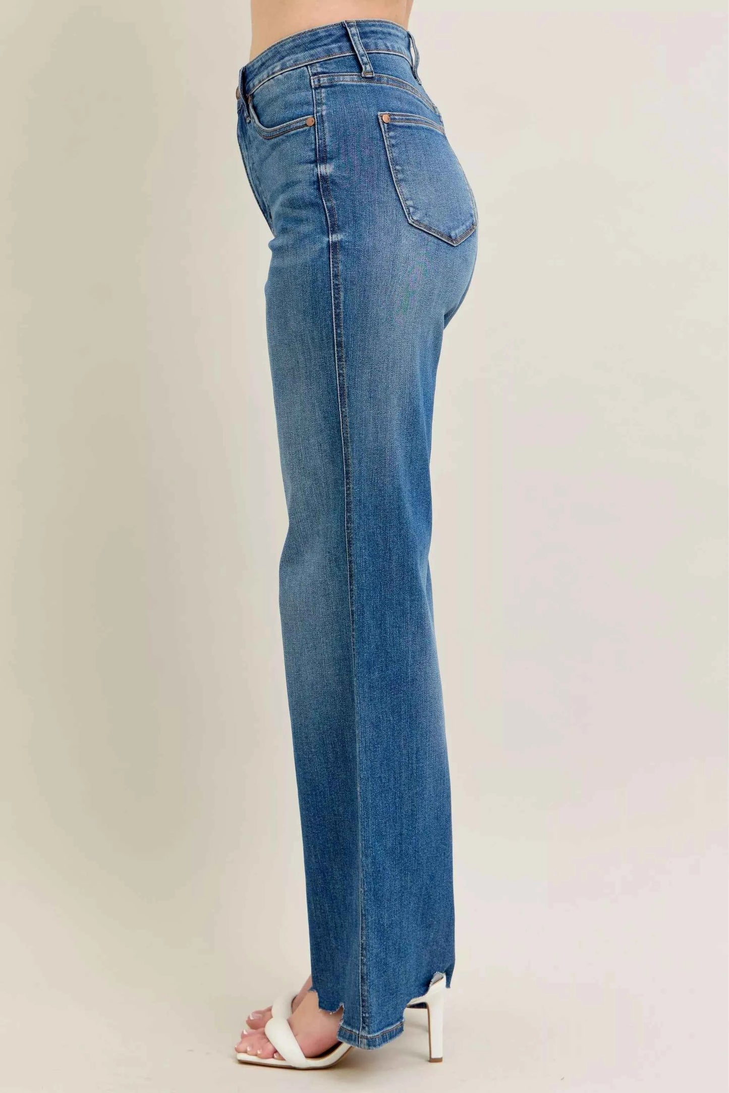 Judy Blue Full Size High Waist Tummy Control Chew Hem Destroy Wide Jeans Plus Size