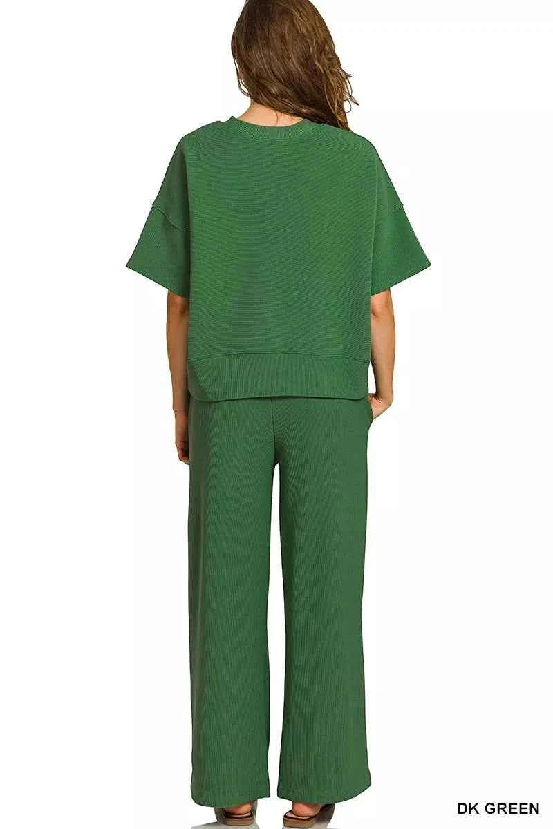 Zenana Ribbed Round Neck Tee & Pants Set