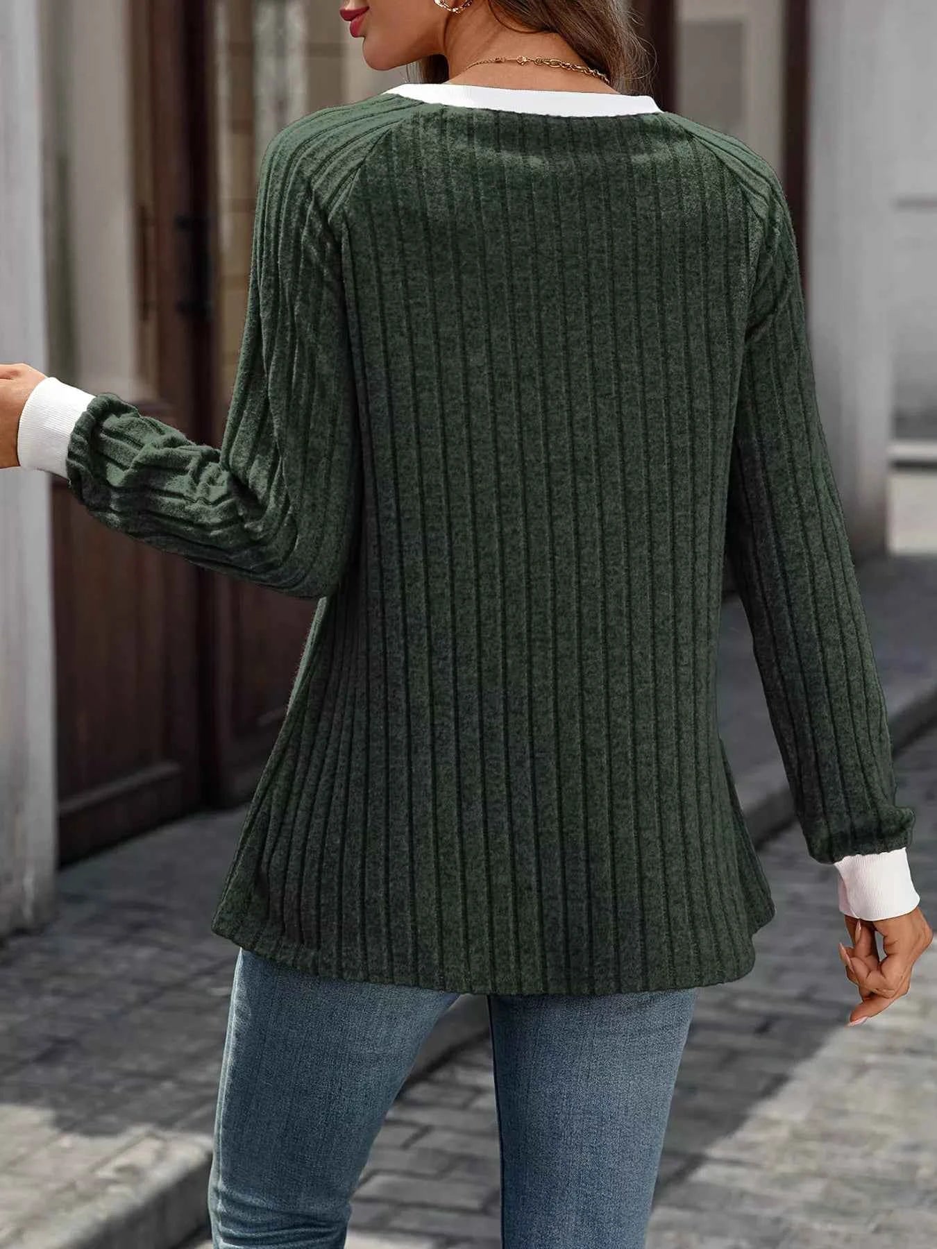 Ribbed Round Neck Raglan Sleeve Knit Top