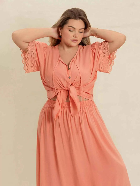 Plus Size Lace Detail Tie Neck Top and Skirt Set