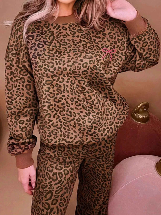 Leopard Print Contrast Trim Long Sleeve Top and Pants Set