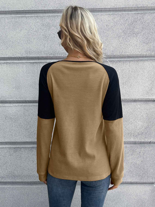 Ivy Lane Contrast Buttoned Round Neck Raglan Sleeve Top