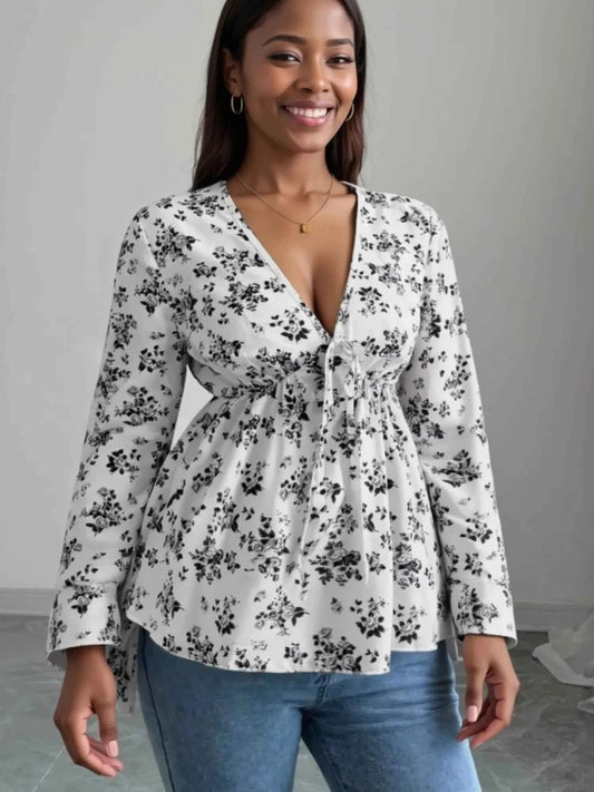 Floral Print V-Neck Long Sleeve Blouse
