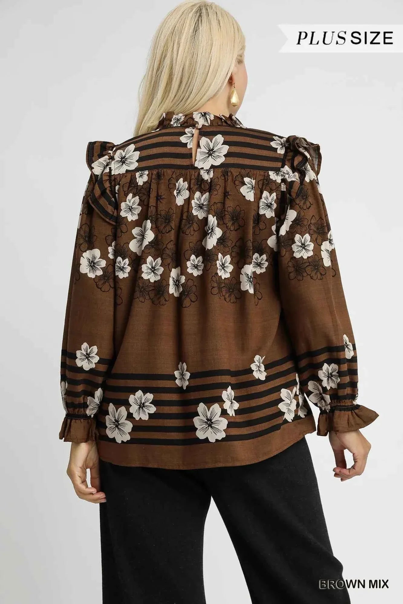Umgee Full Size Mix Floral Smocked Ruffle Blouse Plus Size
