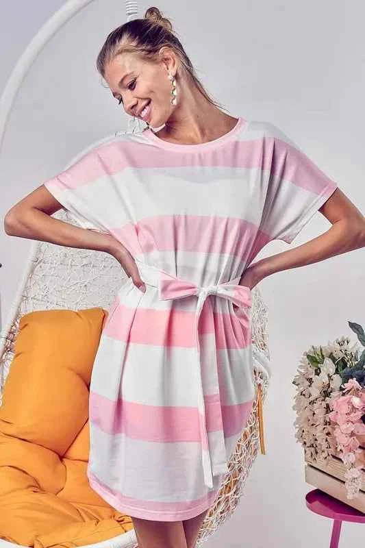 BiBi Tie Front Striped Short Sleeve Dress