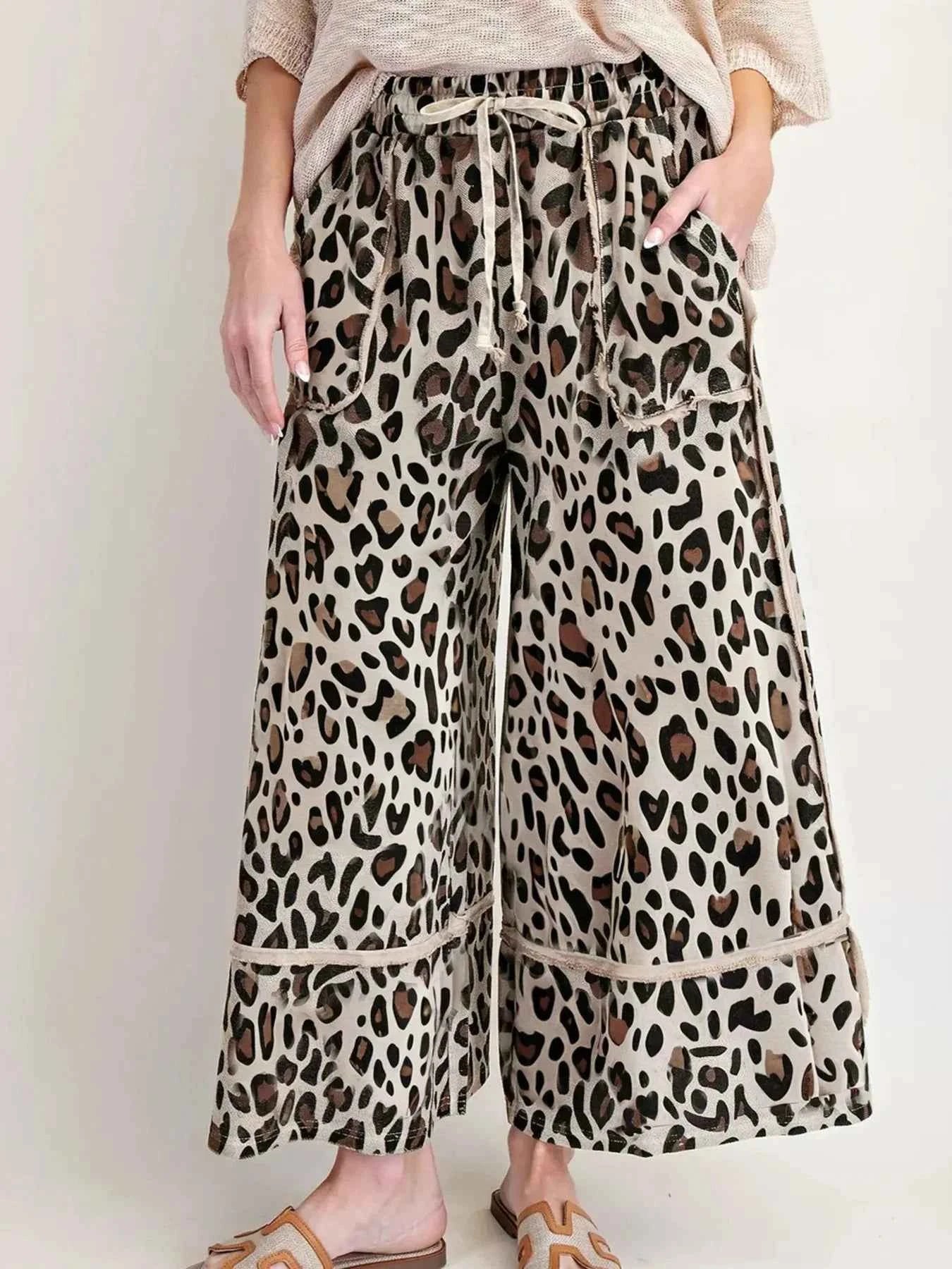 Leopard Print Wide Leg Drawstring Pants