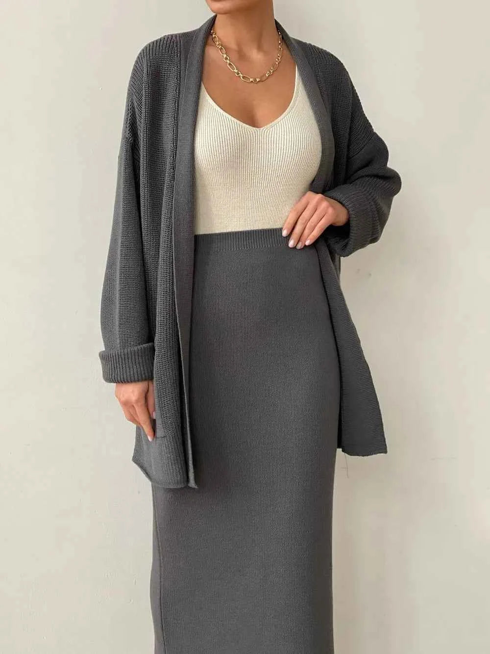 Pocketed Long Sleeve Cardigan and Skirt Sweater Set