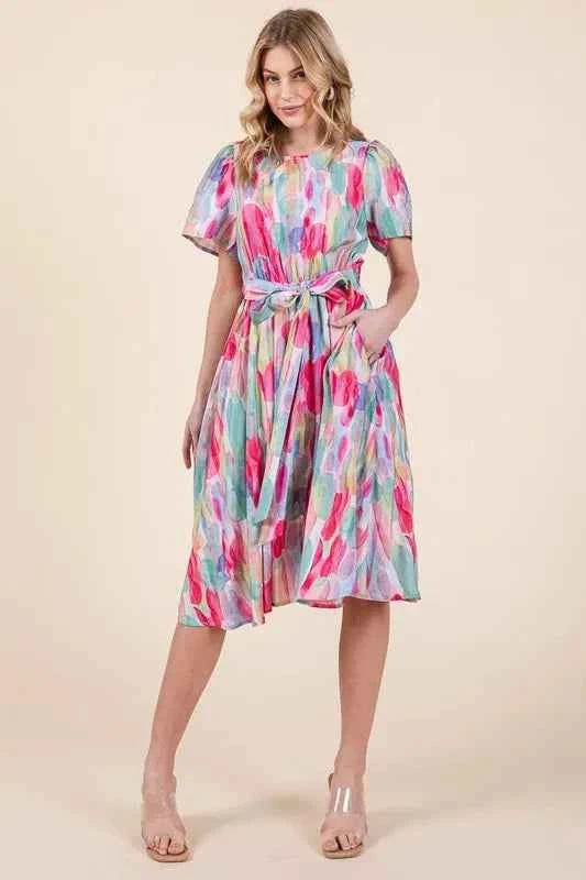 Lime 'N' Chili Watercolor Print Tie Front Midi Dress