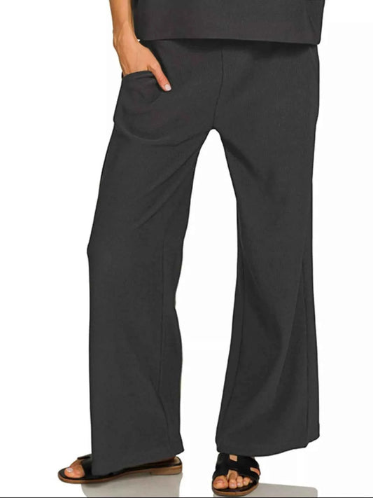 Zenana Ribbed Round Neck Tee & Pants Set