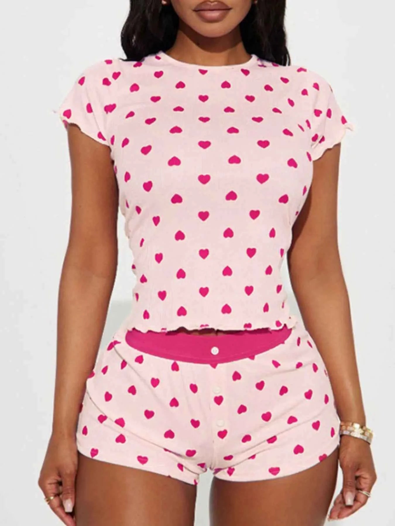 Heart Print Top and Shorts Loungewear Set