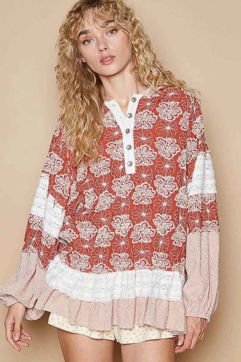 POL Ruffled Hem Floral Pattern Balloon Sleeve Hoodie