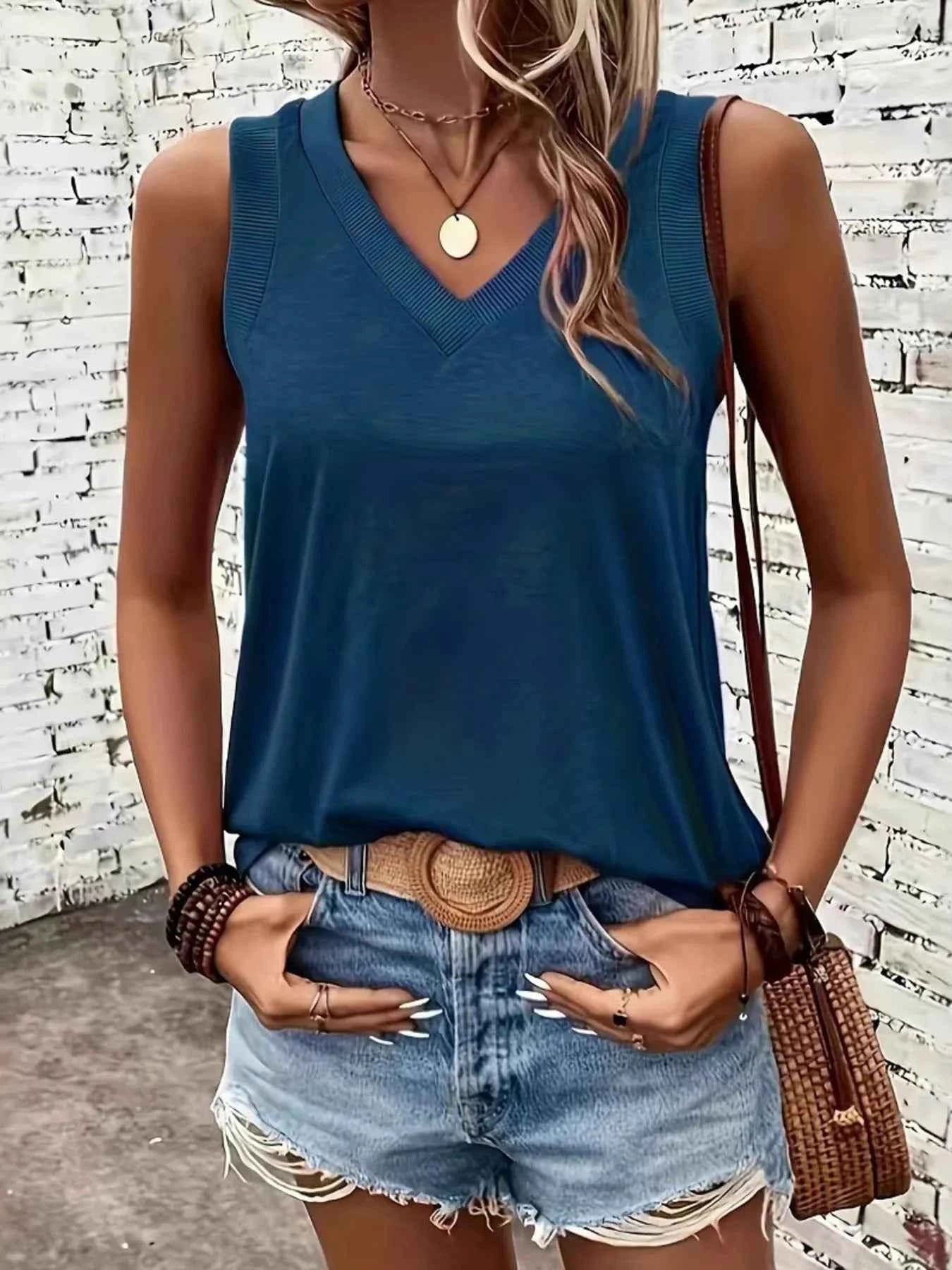 Breathable V-Neck Ribbed-Band Tank Top