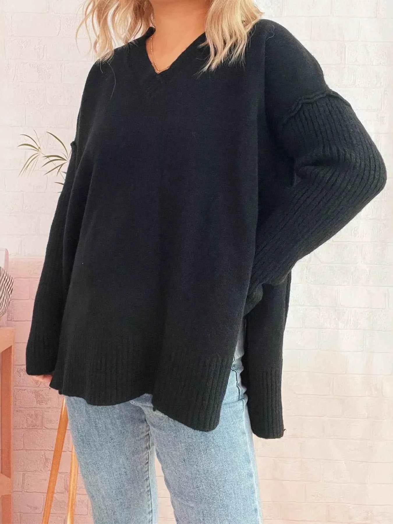V-Neck Dropped Shoulder Sweater