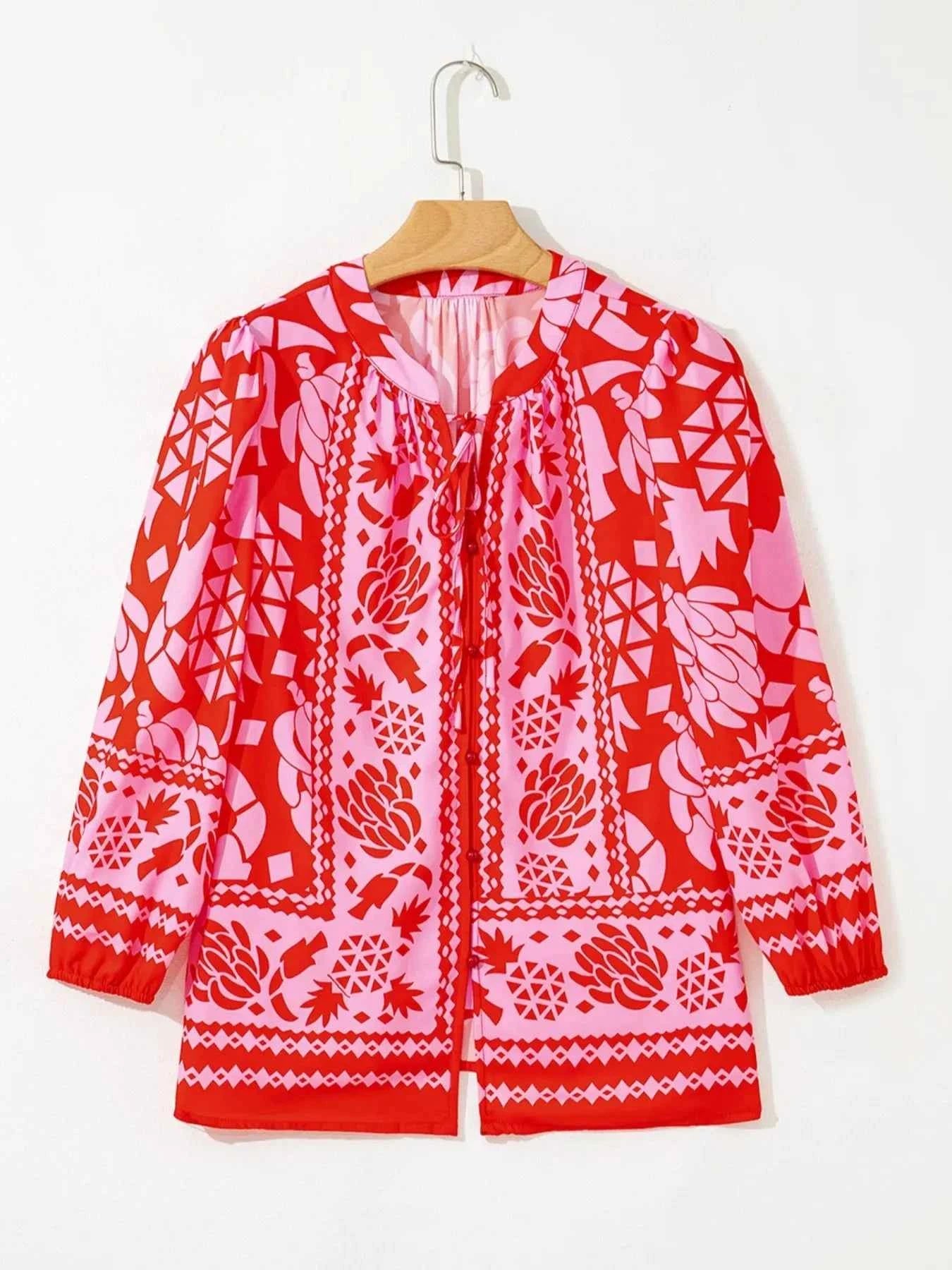 Floral Print Tie-Neck Button Down Shirt