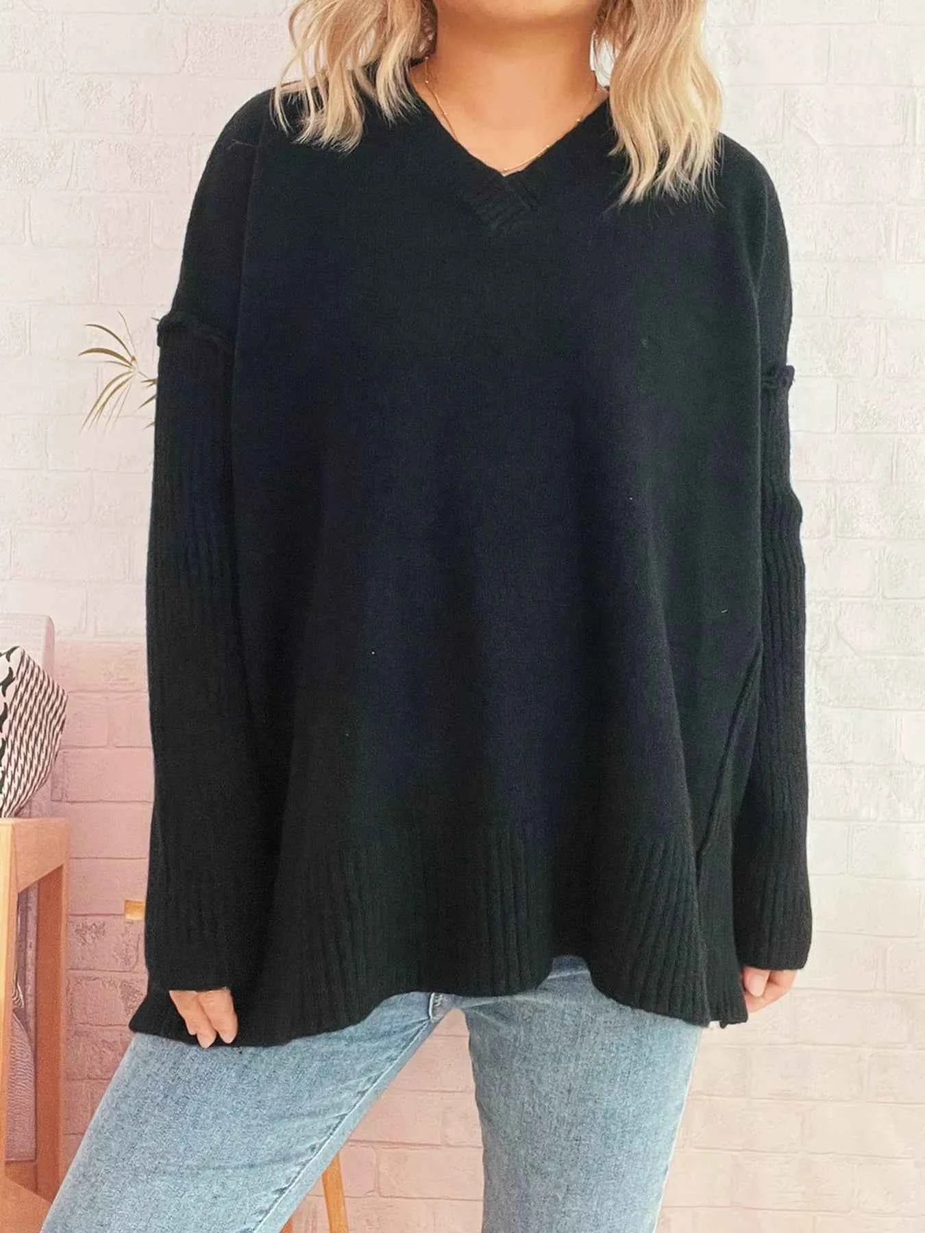 V-Neck Dropped Shoulder Sweater