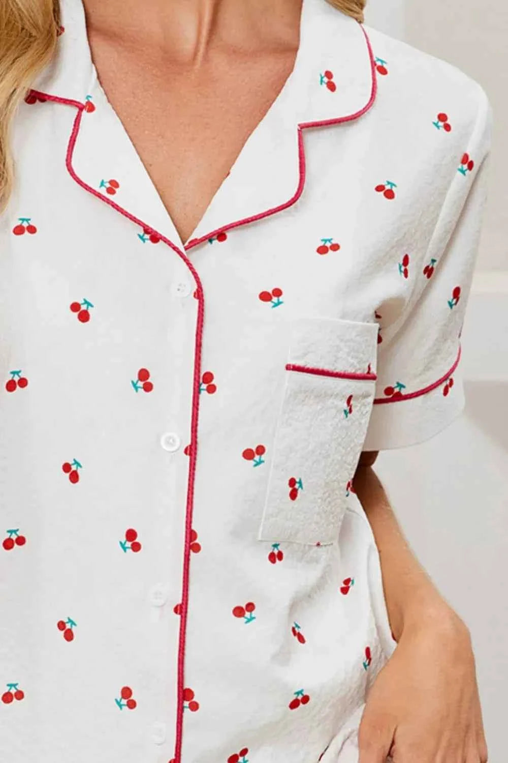 Cheery Print Collared Neck Top and Shorts Lounge Set