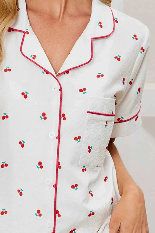 Cheery Print Collared Neck Top and Shorts Lounge Set