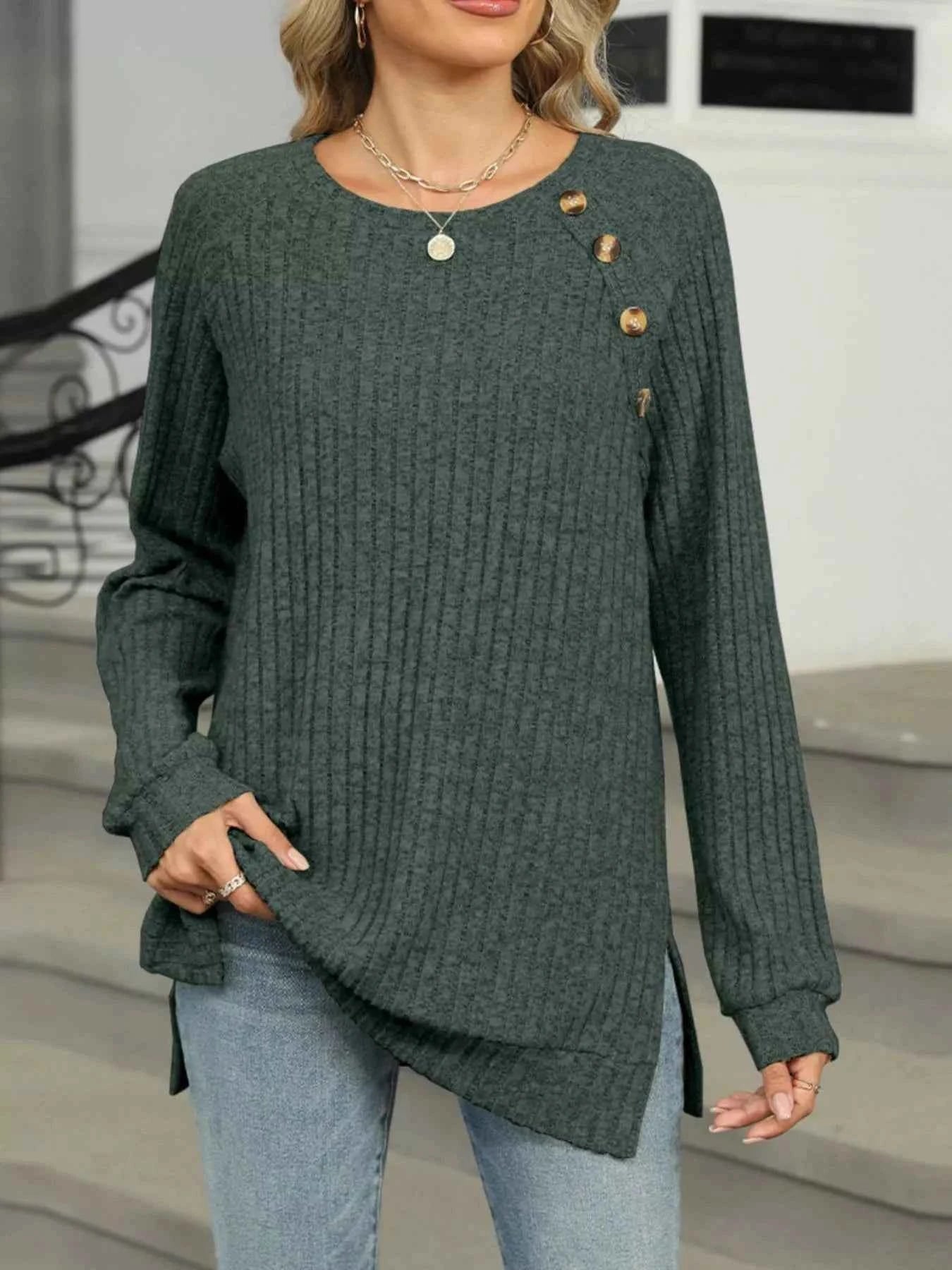 Round Neck Side Slit Ribbed Knit Top with Asymmetric Button Detail