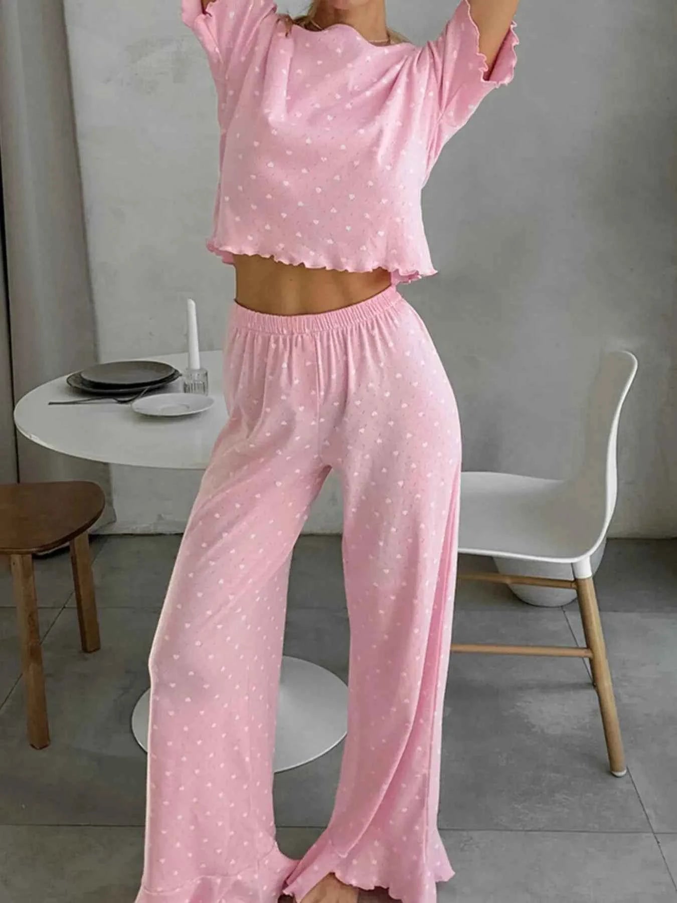 Polka Dot Round Neck Top and Pants Lounge Set