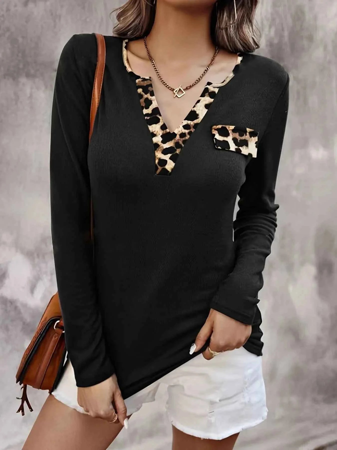 Leopard Trim Long Sleeve T-Shirt